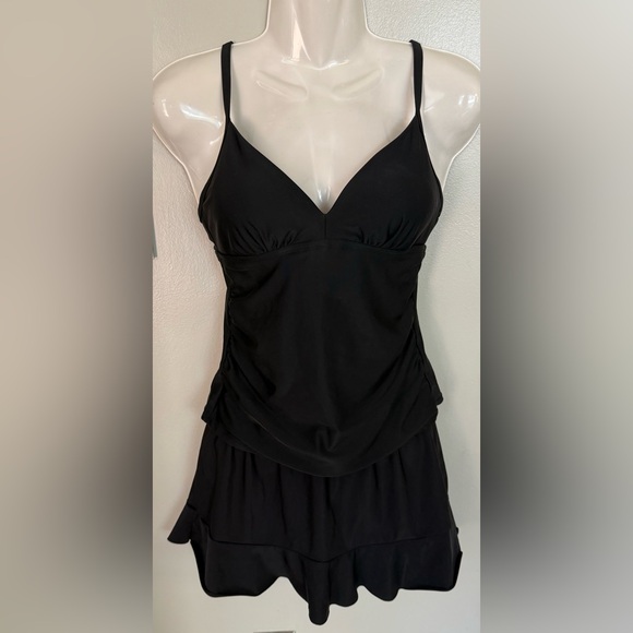 Kona Sol XS Black Tankini Top Aqua Green S Ruffle Trim Black Swim Skirt Mix Set - Picture 1 of 7